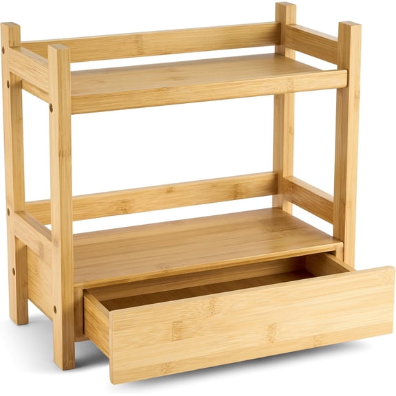 Bamboo 2-Tier Countertop Shelf with Hidden Drawer, Natural Finish, 13" L x 6.5" W x 12.6" H