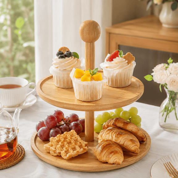 Bamboo 2 Tier Dessert Stand with Handle, Round or Square Cake Display Tray for Afternoon Tea, Fruit, Pastry, Party Table