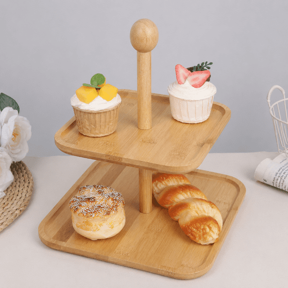 Bamboo 2 Tier Dessert Stand with Handle, Round or Square Cake Display Tray for Afternoon Tea, Fruit, Pastry, Party Table