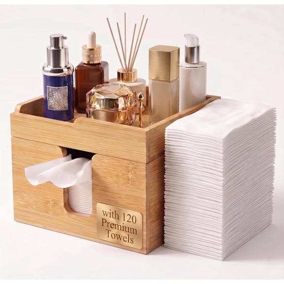 Bamboo 2-Tier Face Towel Box with 120 Premium Face Towels, Top Organizer Tray, Disposable Face Towel Holder & XL Facial Towels Storage Container for Bathroom Vanity