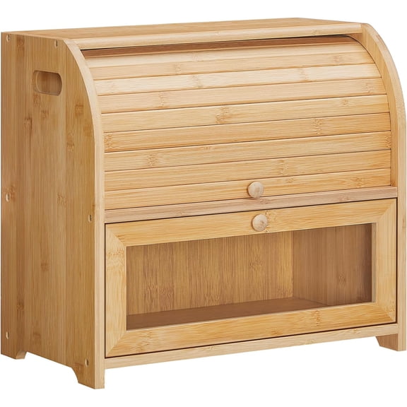 Bamboo 2-Tier Roll-Top Bread Box for Kitchen Countertop, Large Capacity Food Storage Bin, Wooden Bread Keeper for Kitchen and Dining Room