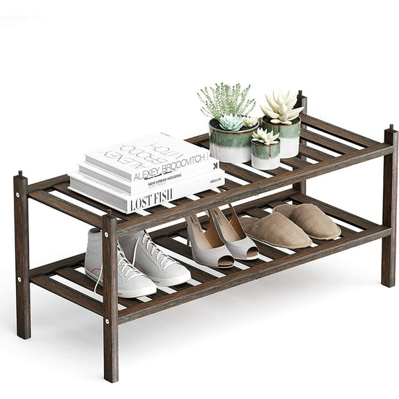 Bamboo 2-Tier Shoe Rack Stackable Shelf Storage Organizer for Entryway, Hallway and Closet, 27.2"x11"x13.2" (Mocha)