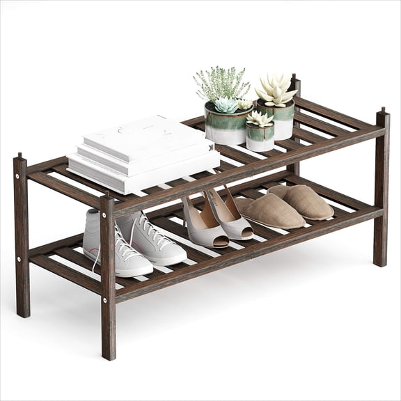 Bamboo 2-Tier Shoe Rack Stackable Shelf Storage Organizer for Entryway, Hallway and Closet, 27.2"x11"x13.2"