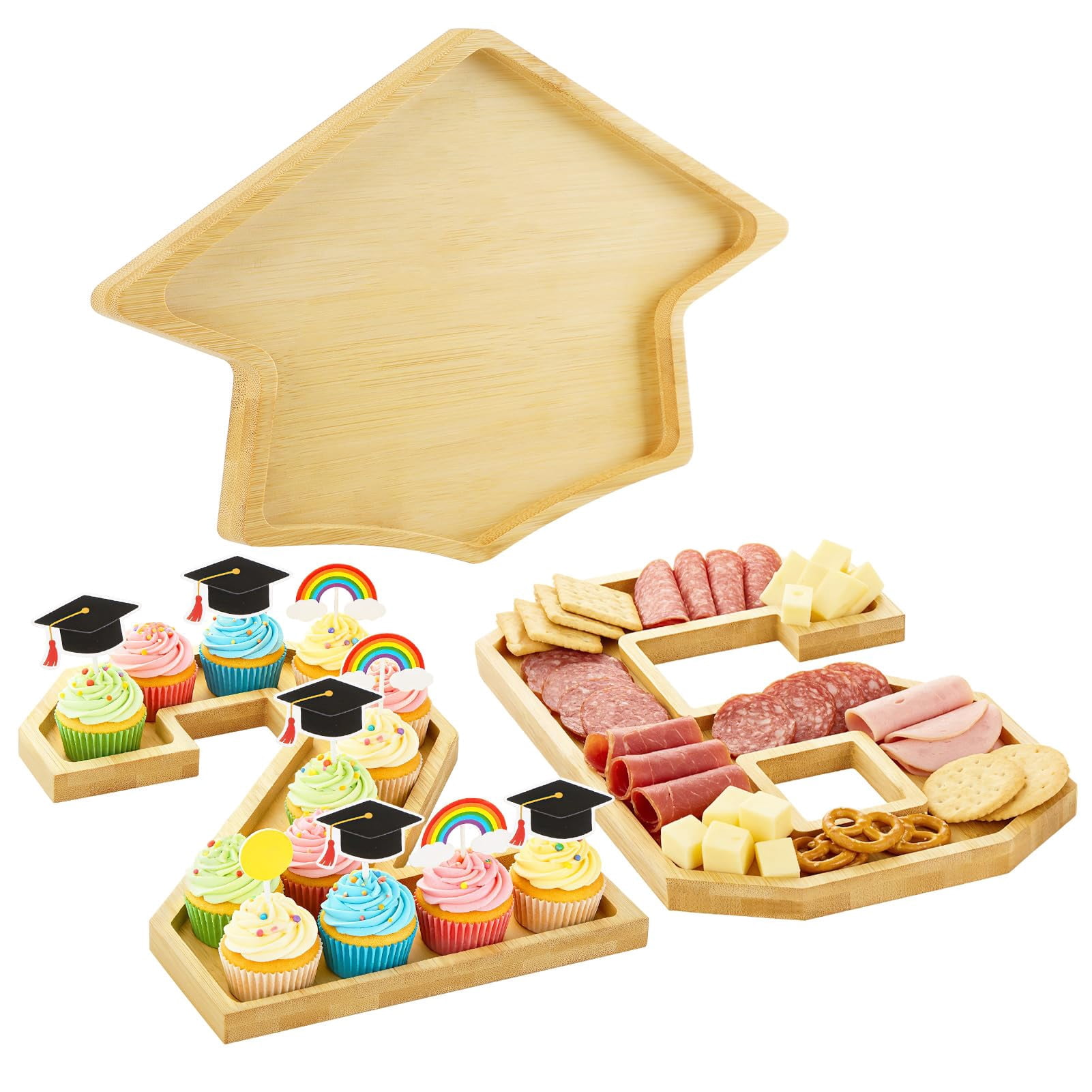 Bamboo 26 Graduation Numbers Charcuterie Fillable Board - Class of 2026 Reusable Food Serving Trays & Graduation Cap Platter, Grad Party Table Decor for Cupcakes, Cookies, Fruits