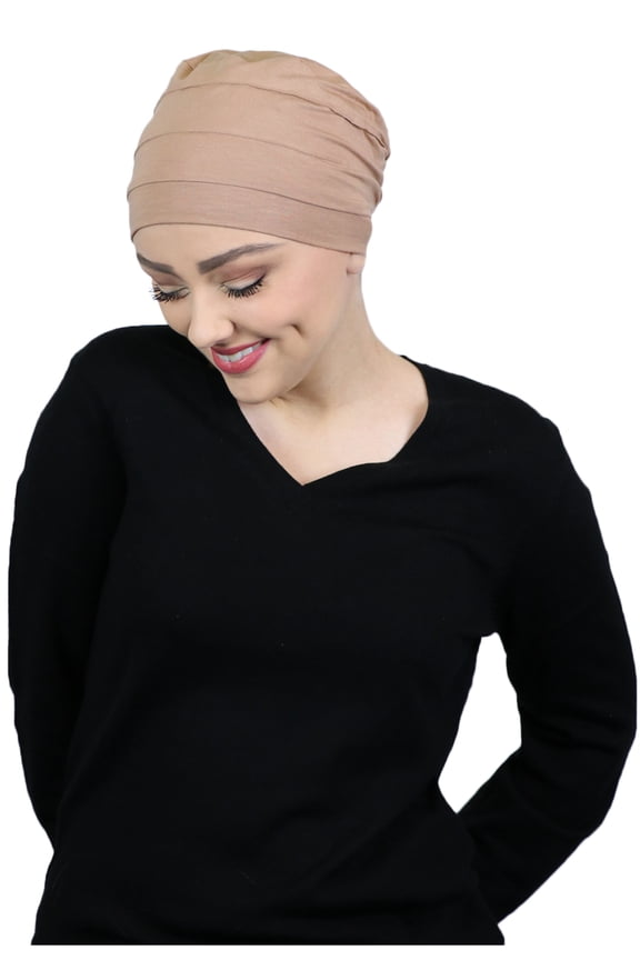 Bamboo 3 Seam Turban Cancer Headwear For Women Chemo Hats Sleep Cap Beanie Head Coverings (BEIGE)