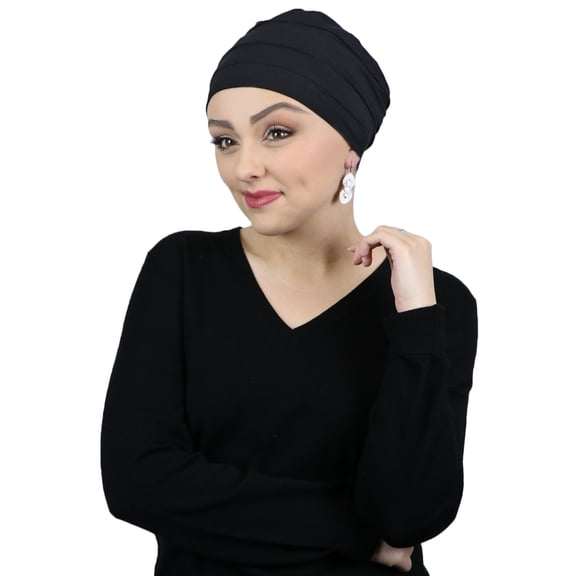 Bamboo 3 Seam Turban Cancer Headwear For Women Chemo Hats Sleep Cap Beanie Head Coverings (BLACK)