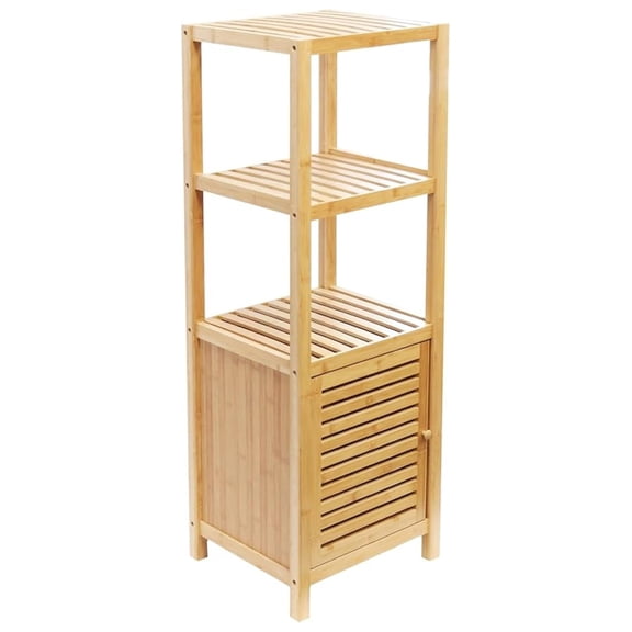 Bamboo 3-Tier Floor Organizer with Shutter Door, Freestanding Storage Tower for Bathroom, Bedroom, Kitchen, Laundry Room Eco-Friendly Natural Bamboo