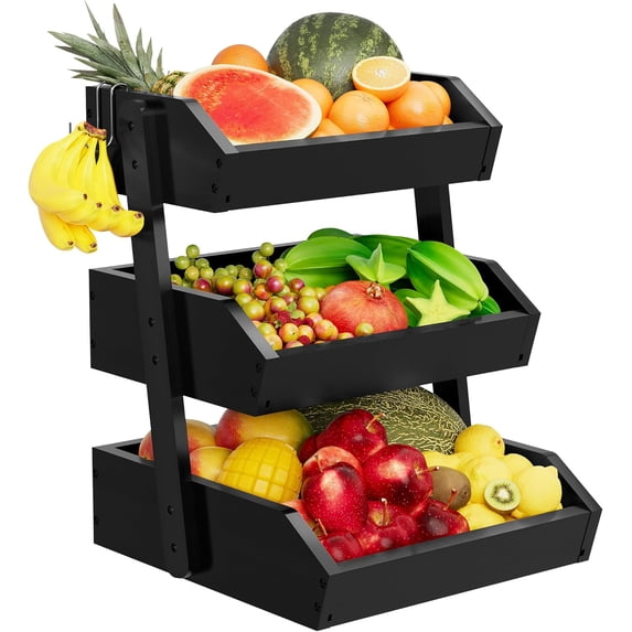 Bamboo 3 Tier Fruit Basket For Counter, Large Capacity Fruit Storage Countertop, Fruit Holder, Wooden Pantry Organizers and Storage, Kitchen Countertop Organizer With 2 Banana Hangers (Black)