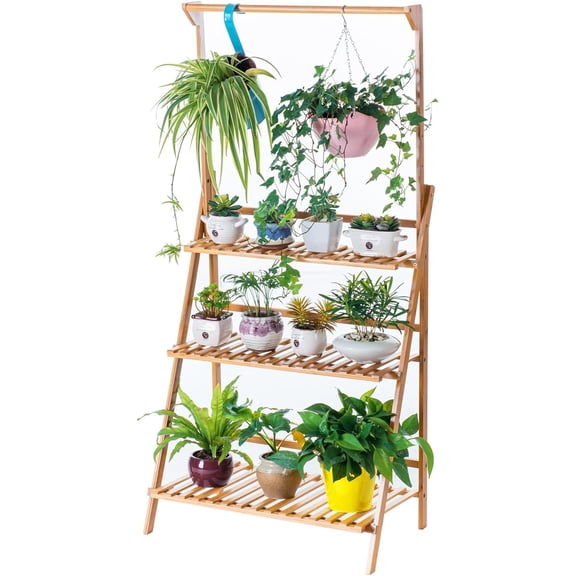 Bamboo 3-Tier Hanging Plant Stand Planter Shelves Flower Pot Organizer Rack Folding Display Shelving Plants Shelf Unit Holder