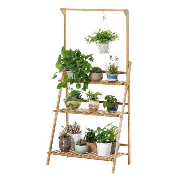 Bamboo 3Tier Hanging Plant Stand Planter Shelves Flower Pot Organizer Rack Folding Display