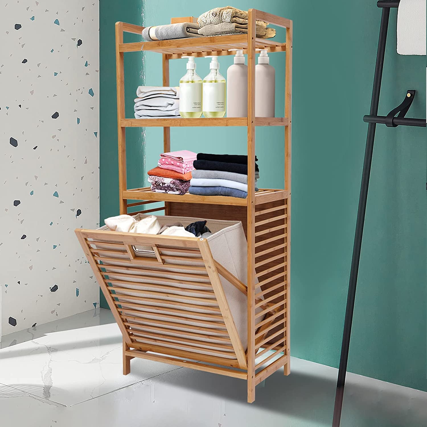 Bamboo 3-Tier Laundry Sorters 70lbs Laundry Organizer Cabinet