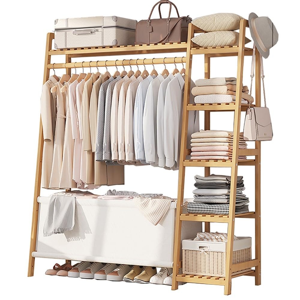 Bamboo 32/51 hanger with shelves and bags, freestanding hanger with 5 ...