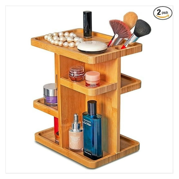 Bamboo 360 Degree Rotating Makeup Organizer, Display Cosmetic Organizer, Multi-Function Storage for Makeup Desk, Bathroom, Bedroom, Closet, and Toiletries (Pack of 2)