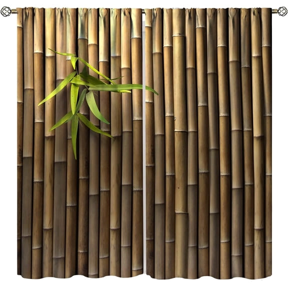 Bamboo 3D Printed Outdoor Curtains, Zen Japanese Natural Bamboo Wall Living Room Kitchen Rod Pocket Window Trim Curtains, 21x63 Inches x 2 Pieces Brown Green