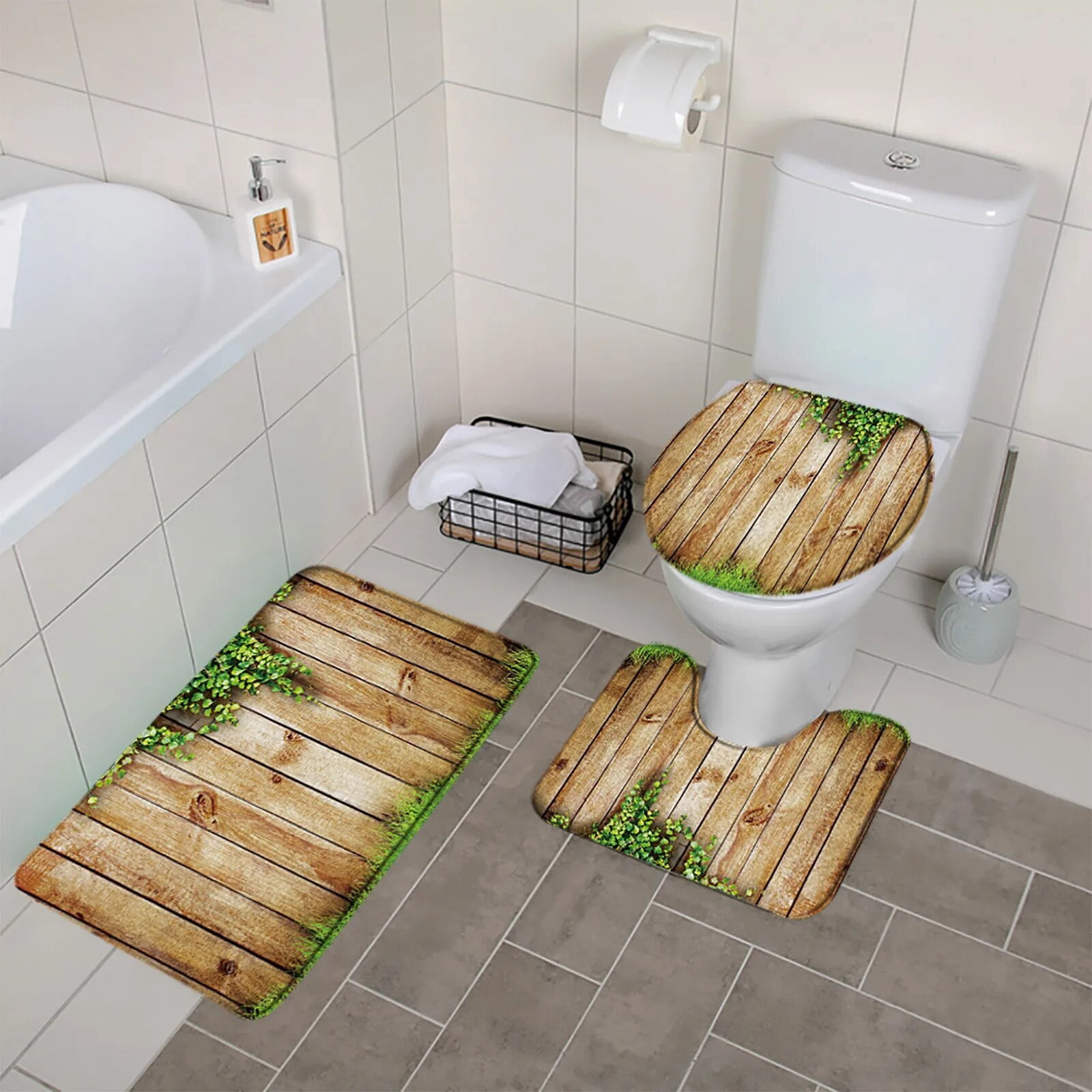 Bamboo 3pcs Bathroom Mat Sets Rural Barn Door Wood Grain Vintage Shower ...