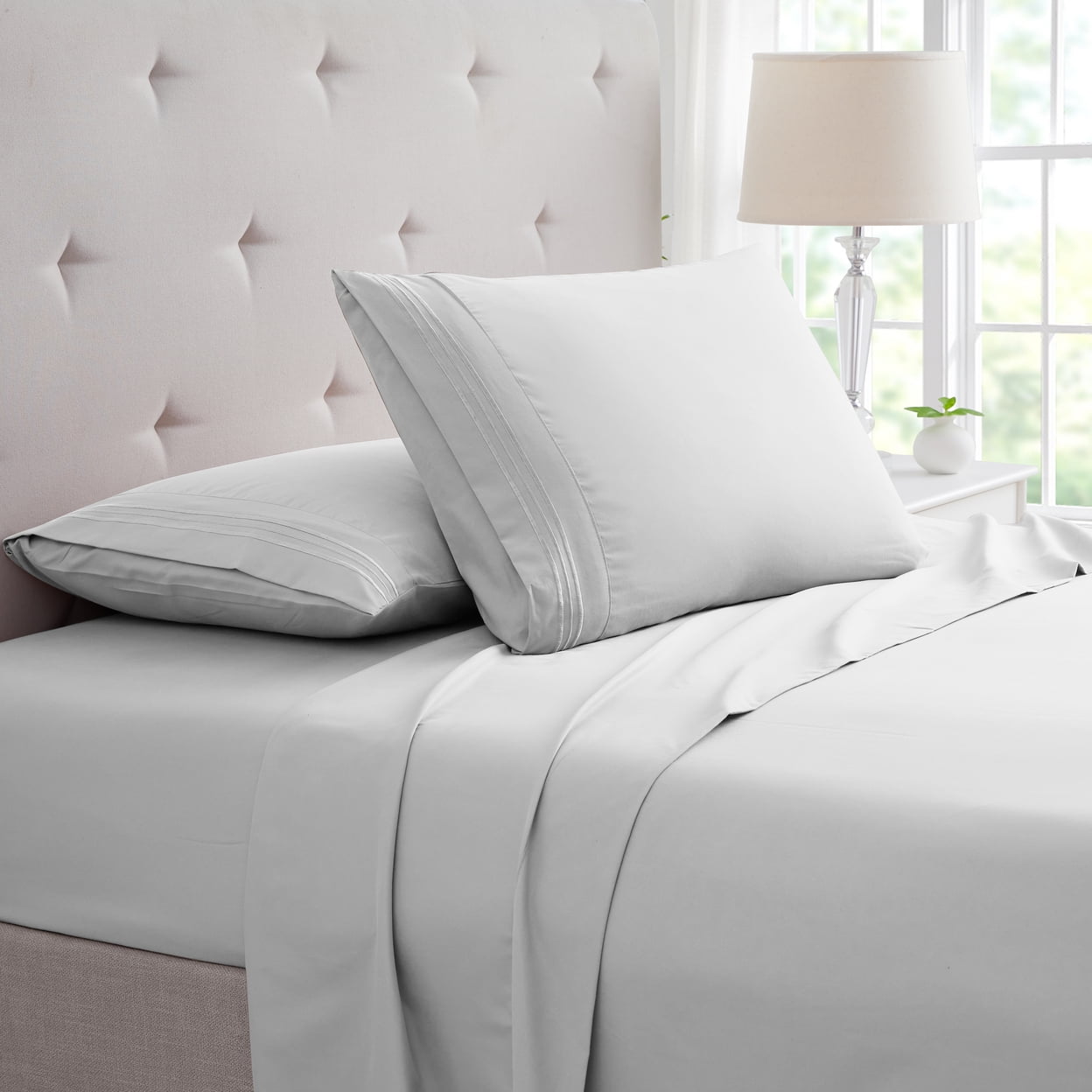Twin Silver Bamboo Microfiber Embroidered Bed Sheet Set
