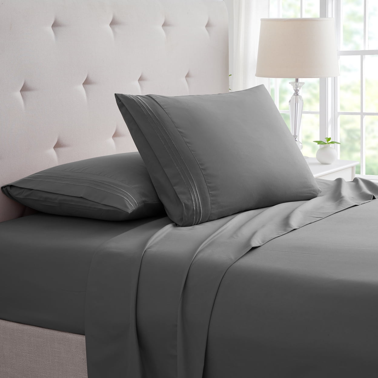 Gray Twin Bamboo Microfiber Embroidered Bed Sheet Set