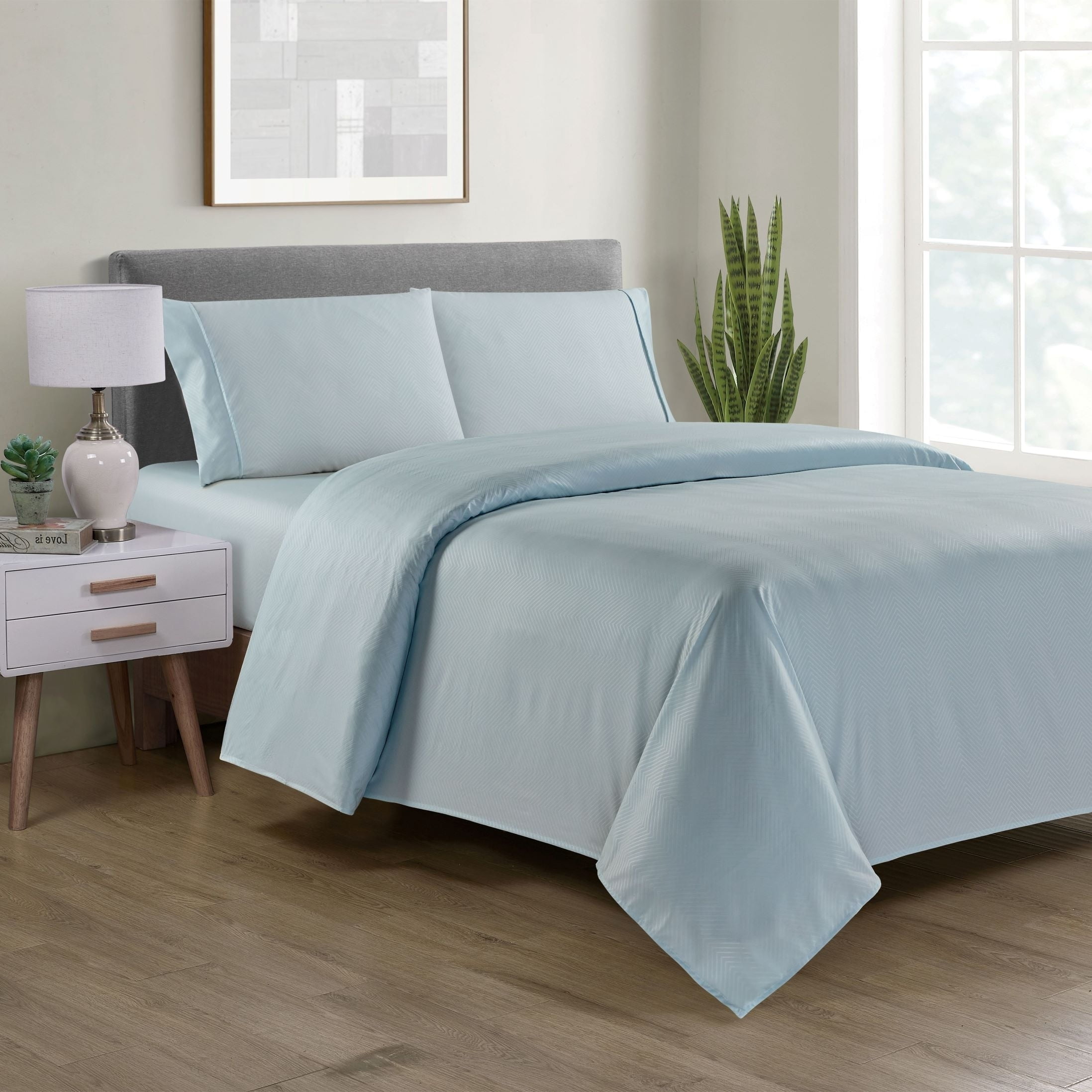 Aqua Chevron Embossed Bamboo King Sheet Set