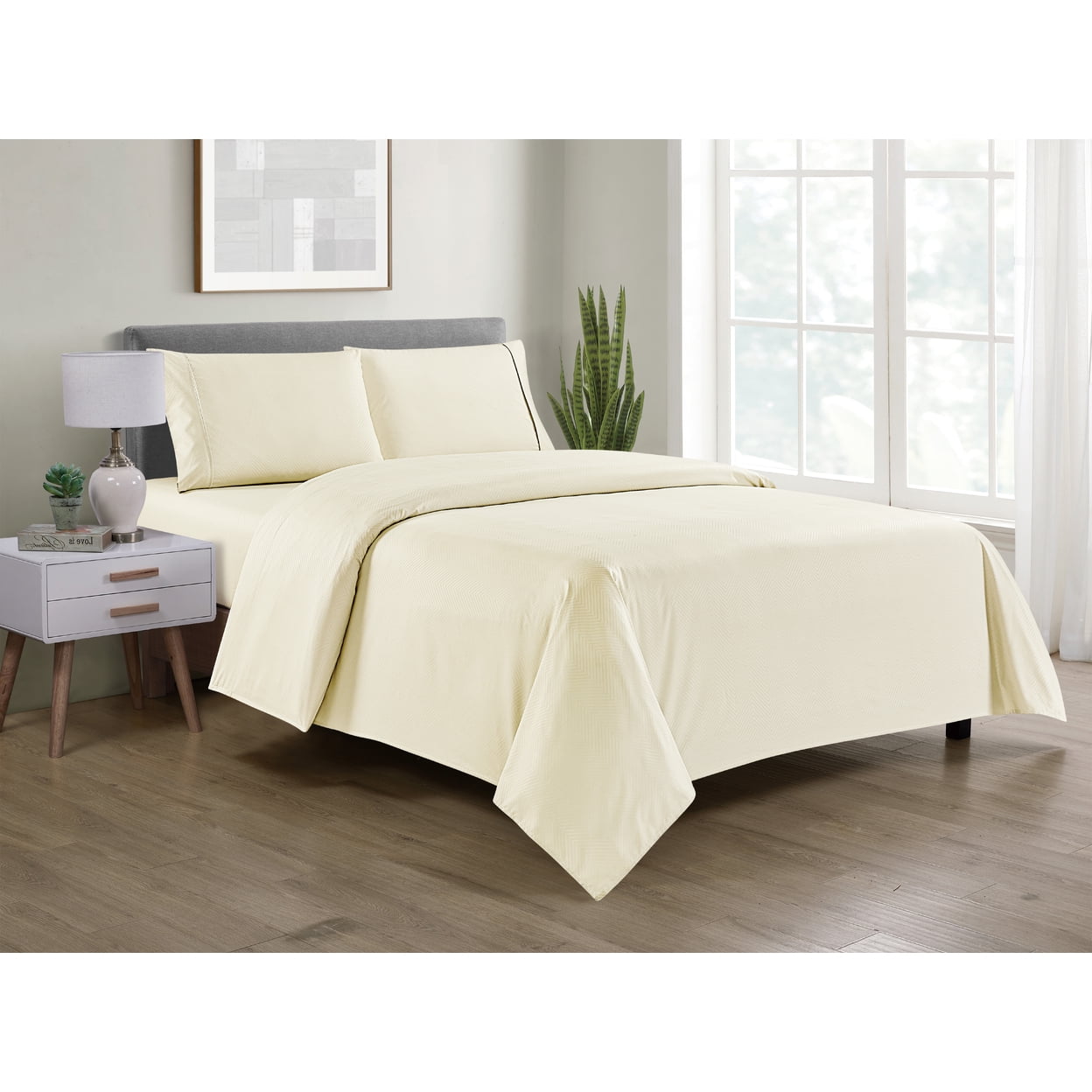 Ivory Chevron Embossed Bamboo Queen Sheet Set with Microfiber
