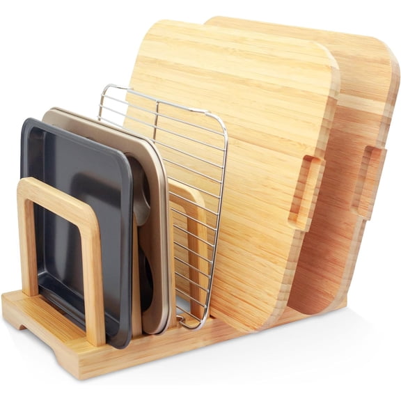 Bamboo 5-Slot Adjustable Cutting Board Rack & Bakeware Organizer with Non-Slip Pads for Kitchen Storage,Small
