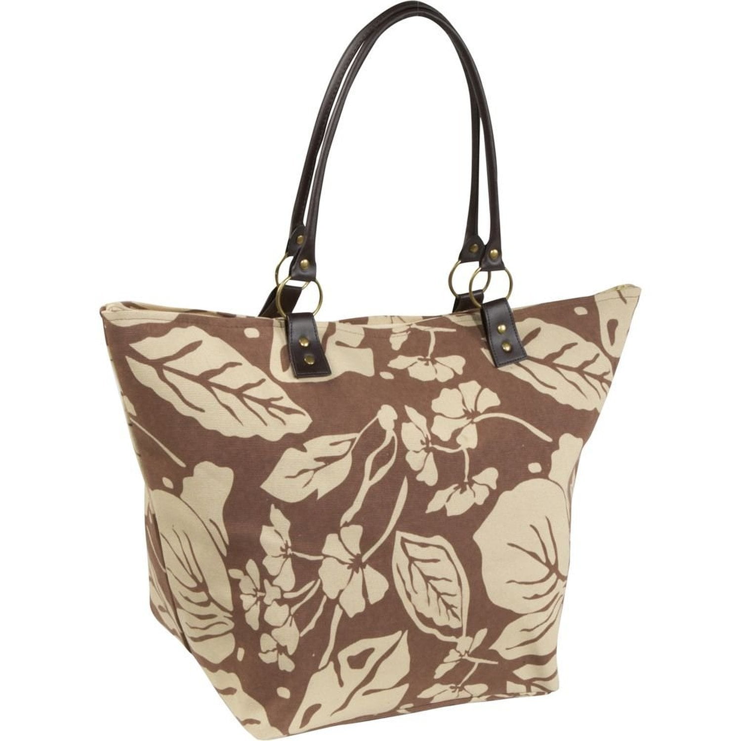 Bamboo 54 Women's Large Flower Print Zip Top Beach Bag Tote Brown and Beige