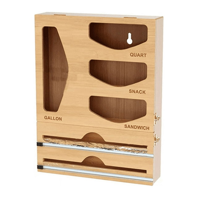 Bamboo 6 in 1 Ziplock Bag Storage Organizer, Plastic Wrap Dispenser