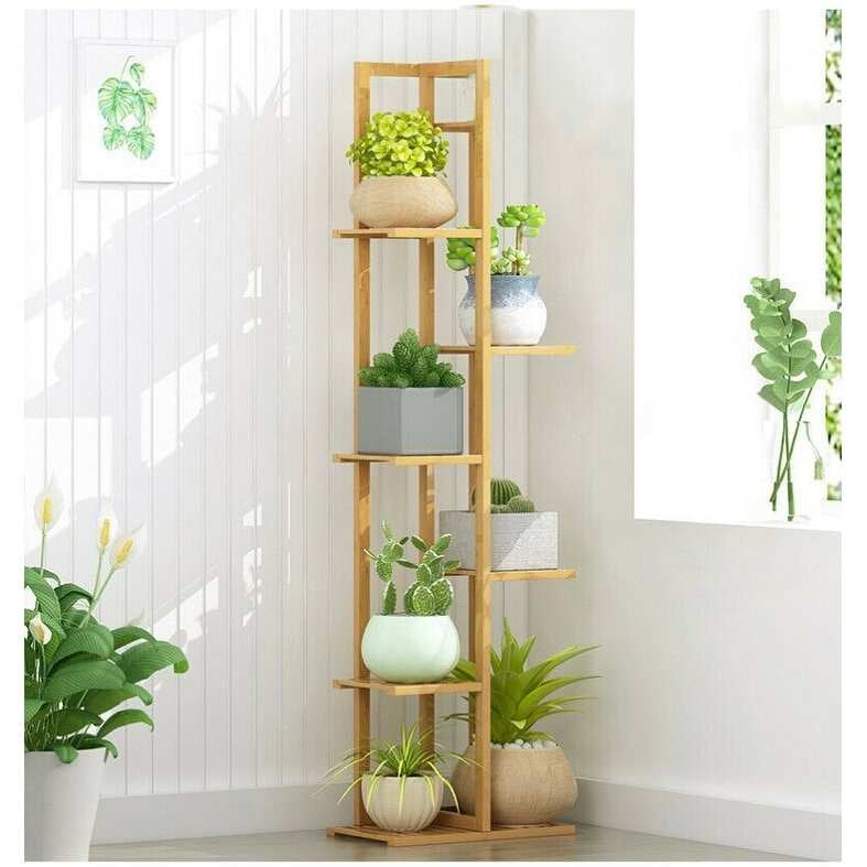 Natural Bamboo 6-Tier Plant Stand Rack for 7 Pots