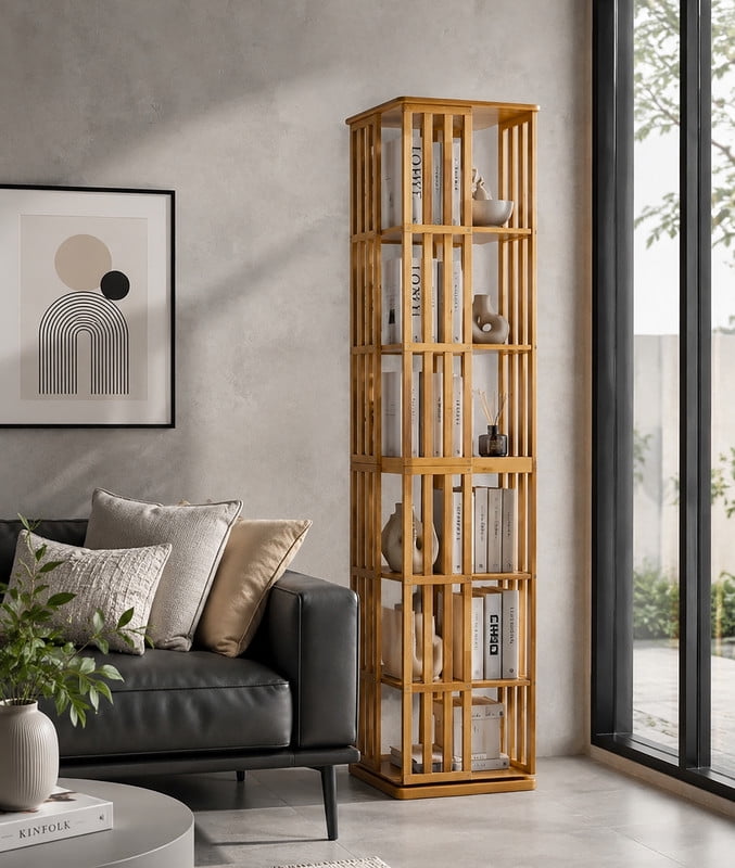 Bamboo 6-Tier Rotating Bookcase ,360° Display Spinning Bookshelf, Space-Saving Floor Standing Narrow Storage Rack for Home, Office, Kids’ Room,Brown