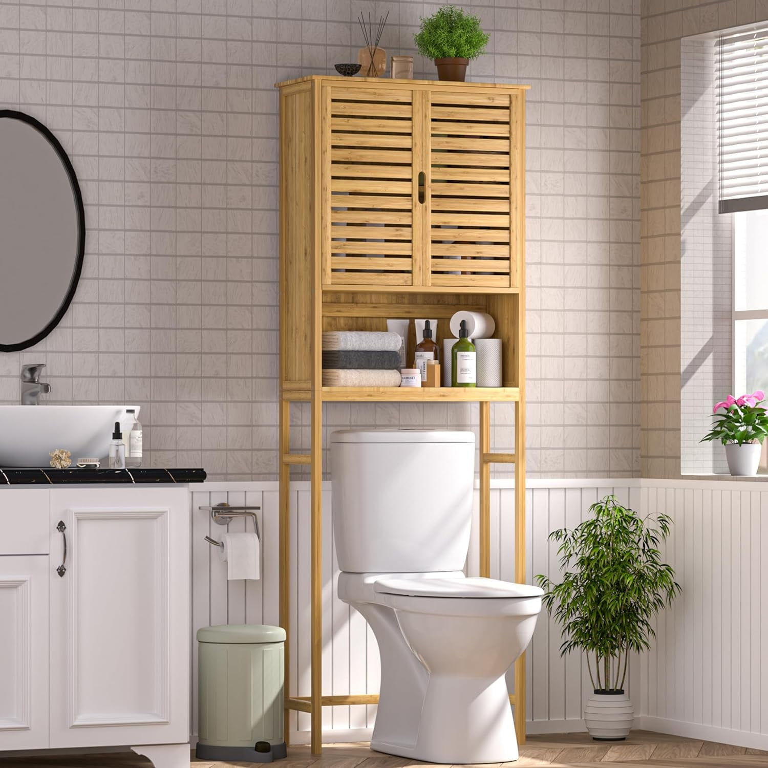 Bamboo 67" Storage Cabinet Bathroom Organizer with Shelf and Cupboard ...