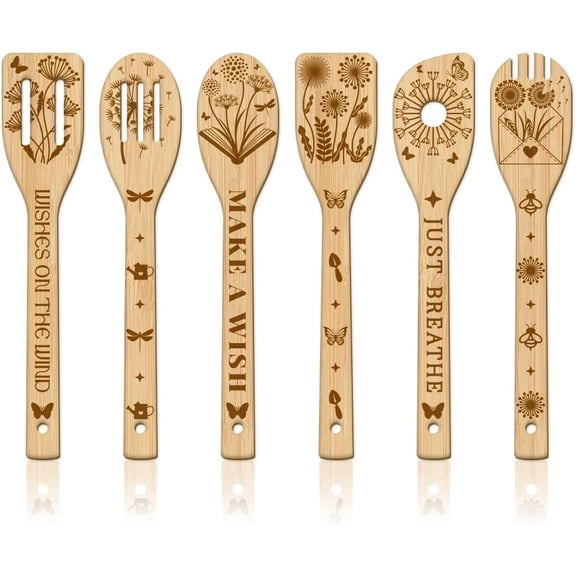 Bamboo 6Pcs Dandelion Wooden Spoons Utensil Set Butterfly Bamboo Carving Kitchen Cooking Utensils Wooden Engraved Cooking Spatula Set for Kitchen Fun House Warming Gift Bamboo