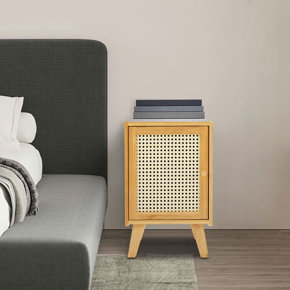 Bamboo ABS Bedside Table 12.2x11.81x20.07 Inch Round Hole Ventilation Door Locker Bedroom Side Table