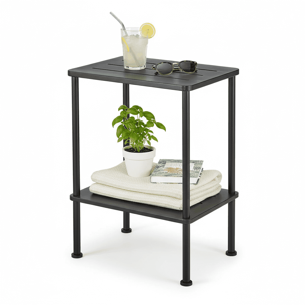 Bamboo Adirondack Square Outdoor Side Table, Bamboo 2-Tier Storage Patio Side Table, 16" Outdoor End Tables, Weather Resistant End Table for Backyard Pool Porch Patio Garden Lawn Beach - Black