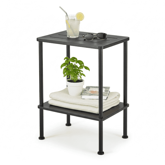 Bamboo Adirondack Square Outdoor Side Table, Bamboo 2-Tier Storage Patio Side Table, 16" Outdoor End Tables, Weather Resistant End Table for Backyard Pool Porch Patio Garden Lawn Beach - Black