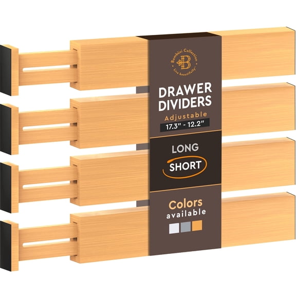 Drawer Dividers 4 Pack - Adjustable Bamboo Organizers 12.2" to 17.3", 2.6" Tall Expandable Separators for Kitchen, Dresser, Bedroom, Office or Bathroom Drawers