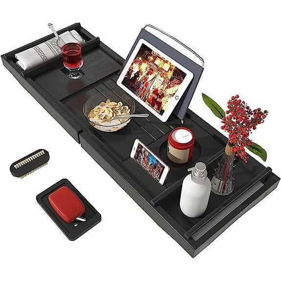 Bamboo Adjustable Organizer Tray for Bathroom with Free Soap Dish Suitable for Luxury Spa or Reading(Black)