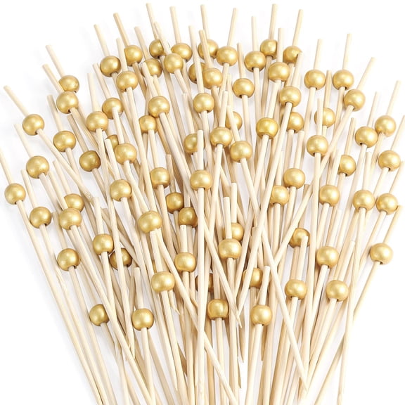 Bamboo Appetizer Picks 200 Pcs, 4.7 Inch Gold Pearl Cocktail Skewers for Drinks Desserts Charcuterie, Wedding Party Decorative Toothpicks