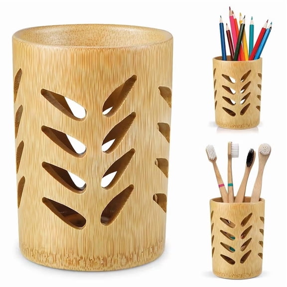 Bamboo Art Supply Desk Organizer - Stylish and Versatile Storage Caddy for Pens, Colored Pencils, Crayons, and Paint Brushes