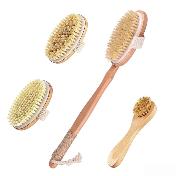 4Pcs Bamboo Back Scrubber for Shower with Curved Long Handle - Stiff Natural Boar Bristles for Men and Women, Deep Cleansing and Exfoliating, Anti-Slip Grip for Wet or Dry Brushing