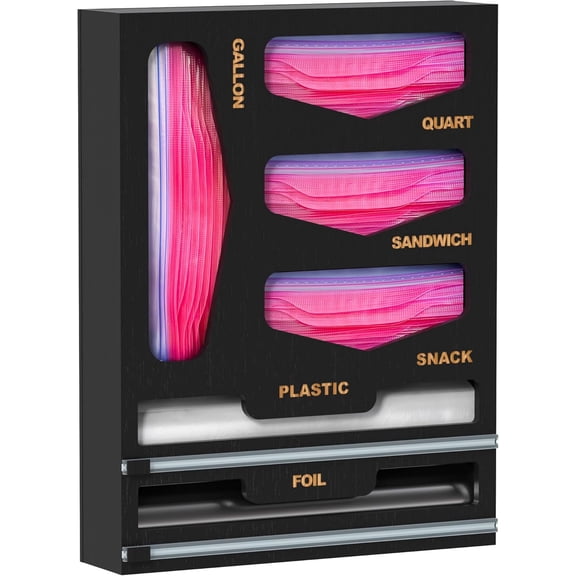 Bamboo Bag Organizer with Magnetic Closure, 6 In 1 Kitchen Drawer Foil and Plastic Wrap Dispenser with Cutter, Storage bag for Gallon, Quart, Sandwich, Snack Black