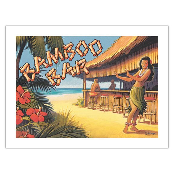 Bamboo Bar - Hawaii Hula Dancer - Vintage Hawaiian Travel Poster by Kerne Erickson - Bamboo Fine Art 290gsm Paper (Unframed) 12x16in