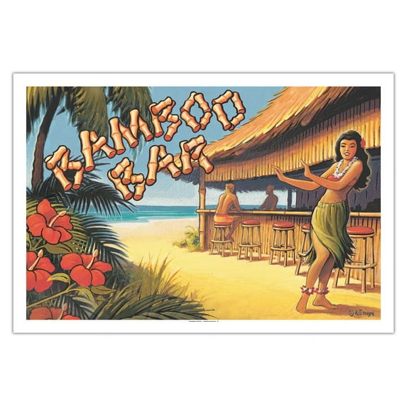 Bamboo Bar - Hawaii Hula Dancer - Vintage Hawaiian Travel Poster by Kerne Erickson - Fine Art Matte Paper Print (Unframed) 30x44in