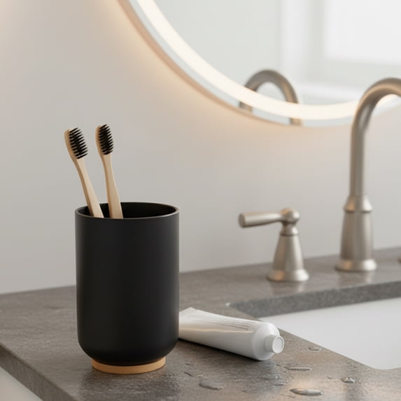 Bamboo-Based Black Padang Vanity Bathroom Tumbler Cup - Ideal as Toothbrush Holder - 10 fl oz Capacity
