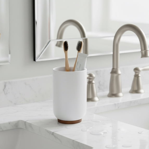 Bamboo-Based White Padang Vanity Bathroom Tumbler Cup - Ideal as Toothbrush Holder - 10 fl oz Capacity