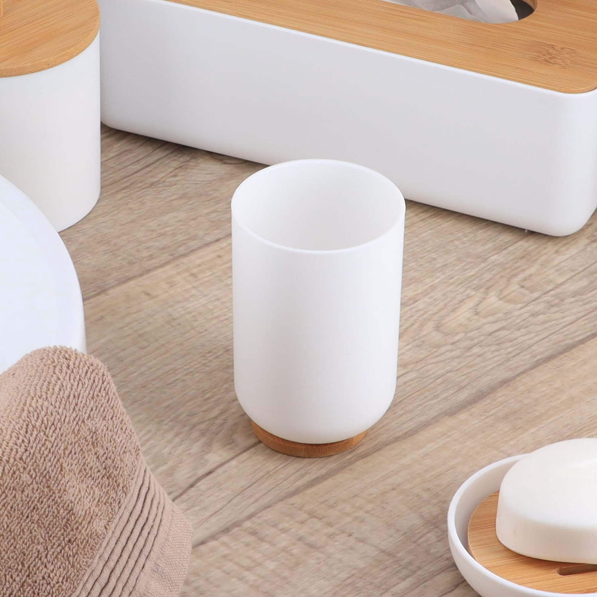 Bamboo-Based White Padang Vanity Bathroom Tumbler Cup - Ideal as Toothbrush Holder - 10 fl oz Capacity