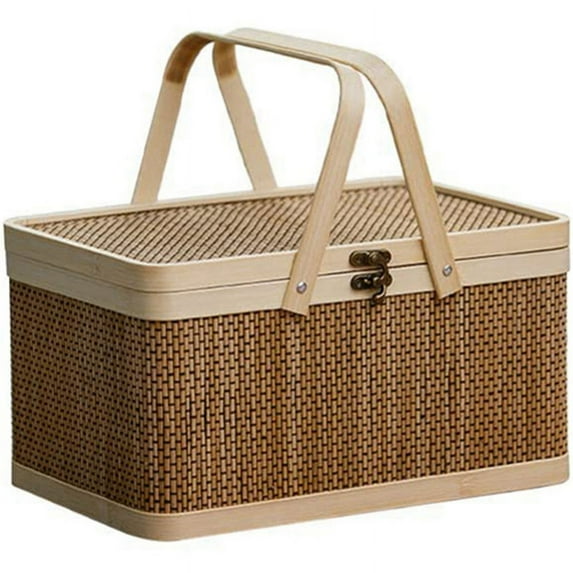 Bamboo Basket Natural -Friendly Woven Picnic with Lid Handheld Snacks Bread Storage