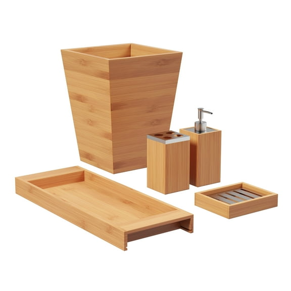 Lavish Home 5-Piece Bathroom Decor Accessory Set with Trash Bin (Natural)