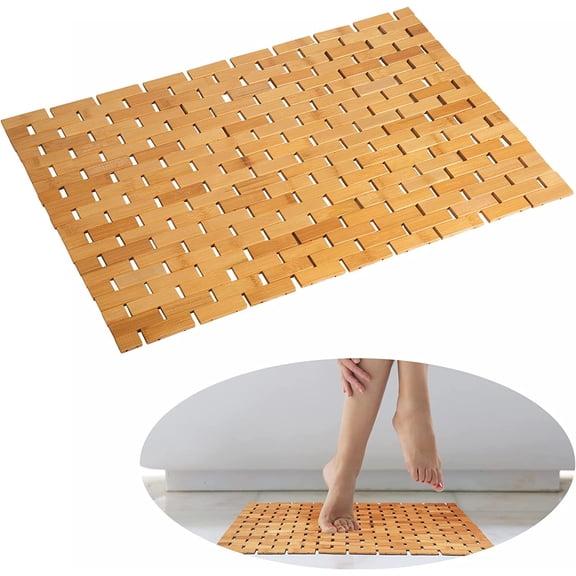 Bamboo Bath Mat Bathroom Rugs Floor Wood Shower Bathtub Waterproof Non Slip Accessories 16x24 Inch Easy to Clean, Natural, 1 pc