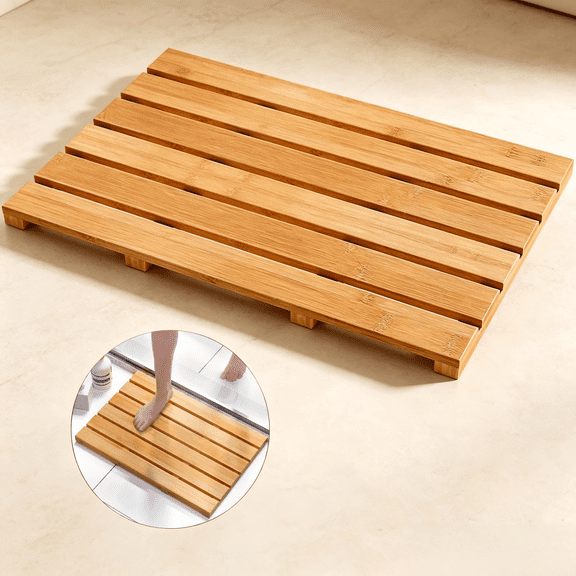 Bamboo Bath Mat, Non-Slip Shower Mat for Bathroom, 21x14in, Natural Waterproof Sturdy Bathroom Carpet for Indoor or Outdoor Use