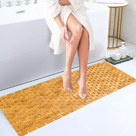 Bamboo Bath Mat Waterproof Non-Slip Long Runner Rug for Shower or Bathtub, Natural Color, 16 x 48 Inch, 1 Piece