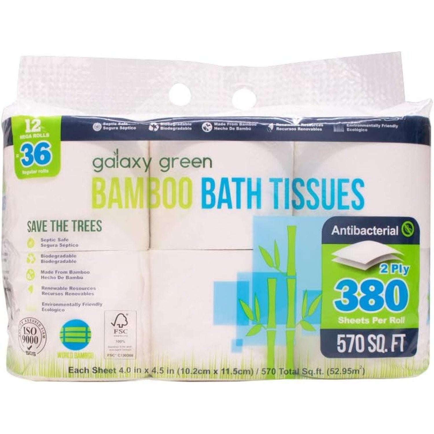 Bamboo Bath Tissue Paper, 380 sheet 2 ply Mega Rolls, 12 Count (Pack of ...